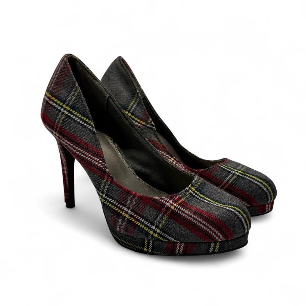 FIONI Women's Plaid Vintage High Heels Red, Gray, and Yellow Plaid Size 8
